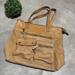 Fossil Tan Leather Shoulder Tote Bag‎ Purse Boho Hippie Western Southwest Fall